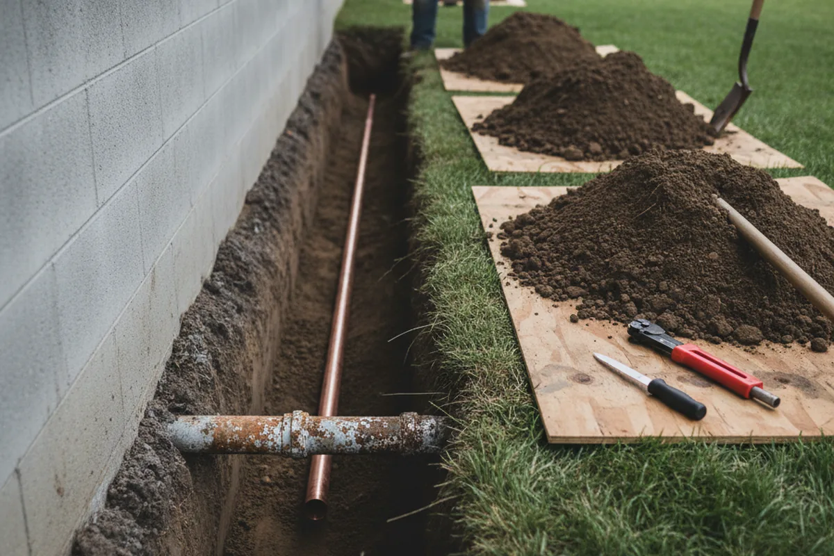 Excavated water line trench during Water Softener Installation in Tribes Hill